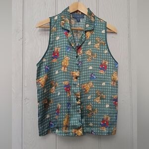 Green Vest Vintage Teddy Bear Wearing Cardigan Print Plaid Button Down Size M